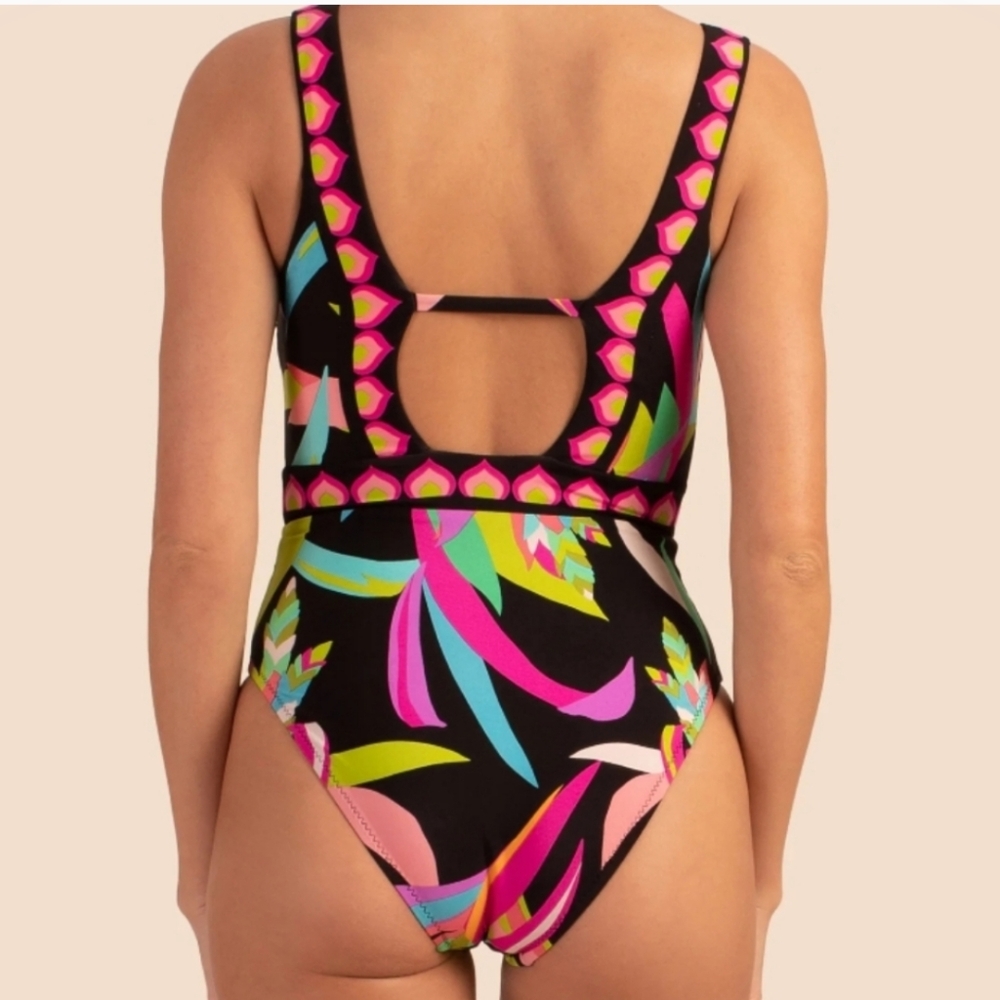 Trina Turk Birds Of Paradise Plunge One-Piece Swimsuit Size 14 - Picture 2 of 7